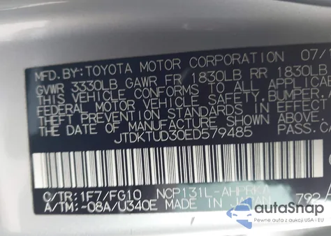 2014 Toyota Yaris Le (Tmc/Cbu Plant) z USA, uszkodzony, nr VIN JTDKTUD30ED579485